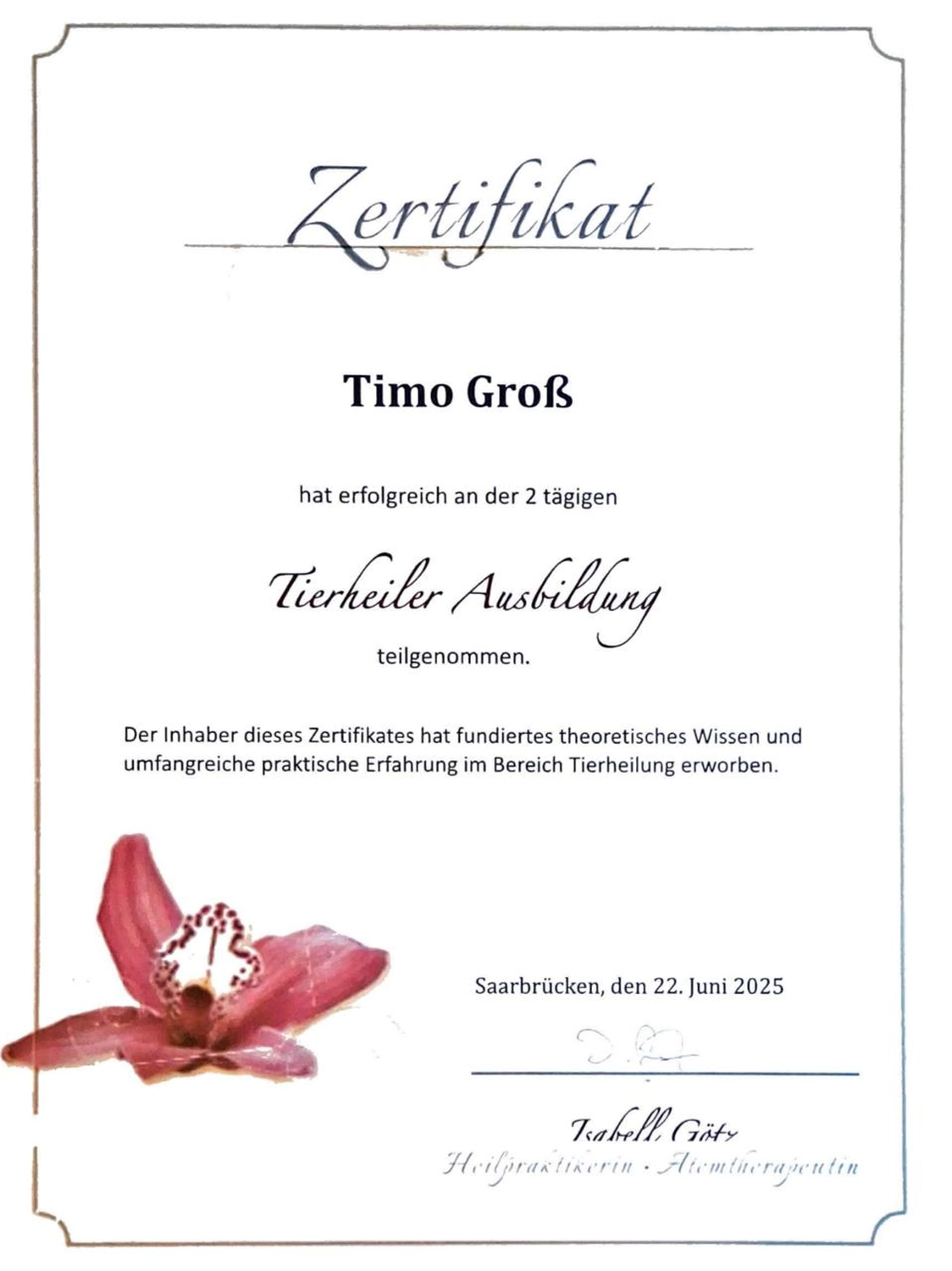 LEBENSENERGIE & HEILUNG Timo Groß – Psychologischer Berater – Zertifikat