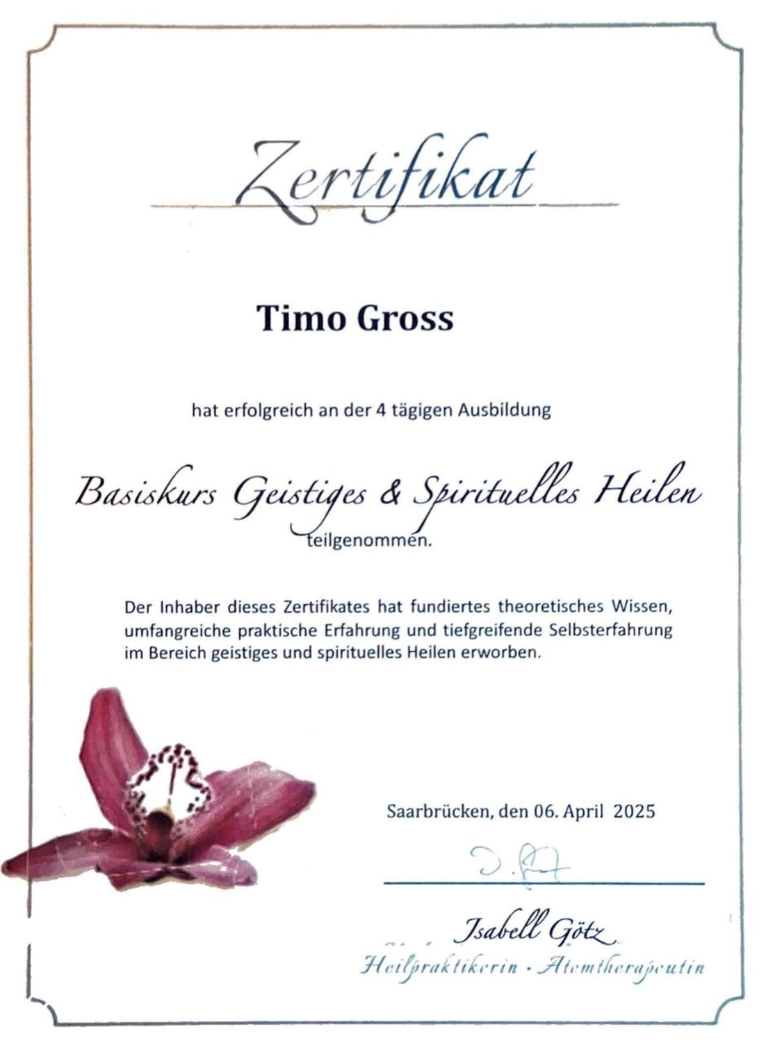 LEBENSENERGIE & HEILUNG Timo Groß – Psychologischer Berater – Zertifikat