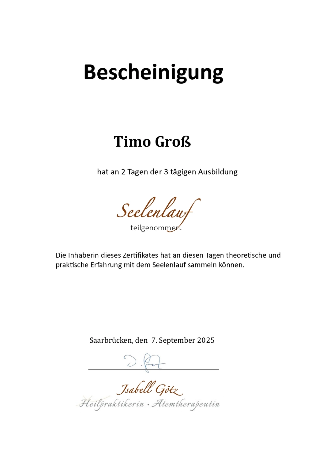 LEBENSENERGIE & HEILUNG Timo Groß – Psychologischer Berater – Zertifikat